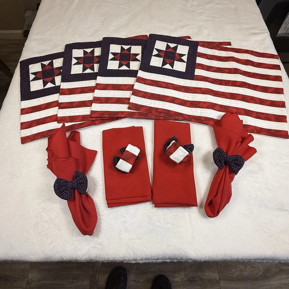 Handmade Patriotic Table Linens Set Quilted Placemats Napkins Rings Americana